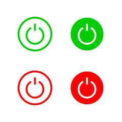 Power button icons in green and red styles, On and off switch symbols, Startup and shutdown UI icons, Power control graphic elements, Power icon set, Vector illustration.