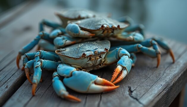 Blue crabs piled on weathered wood dock. Closeup view of marine life ready for cooking. Fresh seafood catch ready for market. Delicious ocean delicacy prepared.
