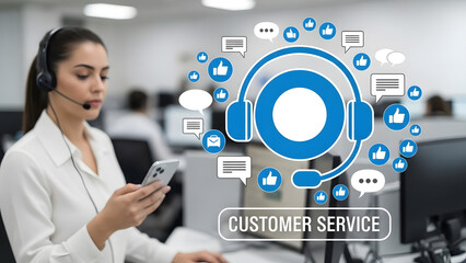 Service support center woman headset smartphone social media feedback heart icon communication message office technology career professional