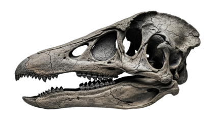 hyper-realistic, lateral profile of an ancient, cracked duck-billed dinosaur skull fossil, showing detailed mineralized bone texture on a stark white background, conveying scientific discovery
