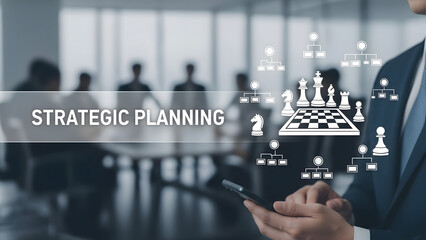 Planning strategy business chess piece board organization chart man office smartphone management success leadership career vision competition