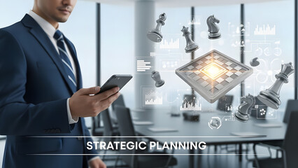 Planning strategy business chess piece board organization chart man office smartphone management success leadership career vision competition