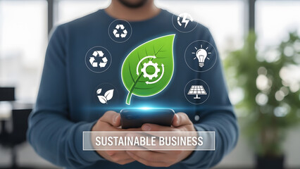 Sustainable business leaf recycle ecology energy green technology worker smartphone office solar power environmental management industry future planet