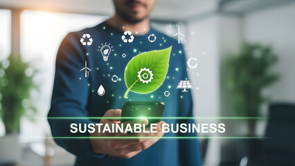 Sustainable business leaf recycle ecology energy green technology worker smartphone office solar power environmental management industry future planet