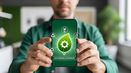 Sustainable business leaf recycle ecology energy green technology worker smartphone office solar power environmental management industry future planet