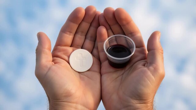 Hands holding a communion wafer and a cup of wine against a blue sky. Eucharist elements for the Lord's Supper. Christian religious ceremony and faith concept
