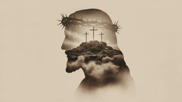 Silhouette of Jesus Christ with crown of thorns. Double exposure showing three crosses on Golgotha hill. Religious concept for Easter and Good Friday. Cinematic sepia background with copy space