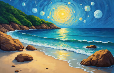 Impressionist painting of a beach scene with green hills, ocean waves, and a bright sun in a swirling blue sky. Sandy shore with rocks and calm water.