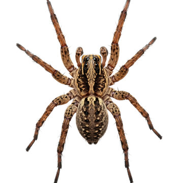 extreme close-up, top-down view of a textured brown wolf spider, hyper-detailed segmented body, robust legs, and eight sharp eyes against a seamless transparent background, concept of a natural