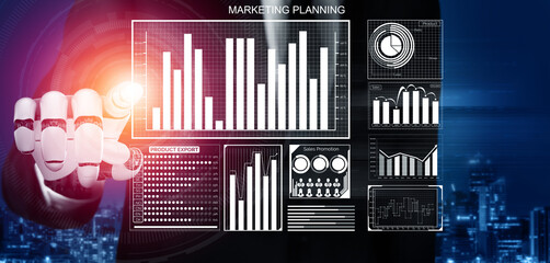 A robotic hand interacts with a digital marketing dashboard, showcasing various graphs and charts to illustrate data analysis and strategy development for businesses. Impute