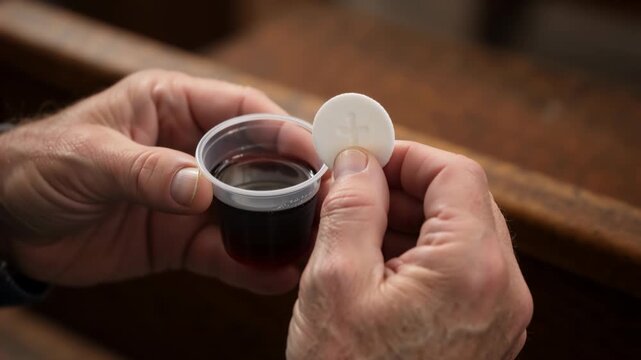 Close-up of hands holding communion bread and wine in a church. Senior person holding a wafer and a cup of juice during a religious service. Eucharist and Lord's Supper concept