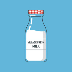 Cartoon milk bottle with checkered lid and "village fresh milk" label.