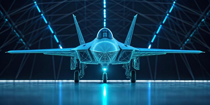 Advanced Aviation: A futuristic display showcases a sleek fighter jet, illuminating the cutting-edge technology behind aviation, set against a backdrop of the hangar