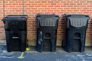 Three wheeled trash bins lined against a brick wall, representing commercial waste collection, sanitation services, and facility waste management operations