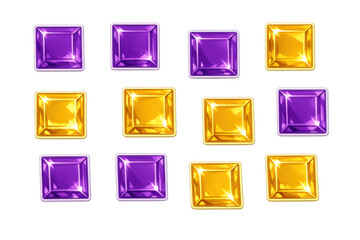 Set of shining purple amethyst and golden topaz square gems for game assets or user interface elements