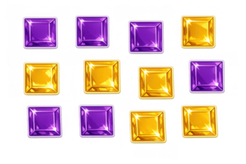 Set of shining purple amethyst and golden topaz square gems for game assets or user interface elements