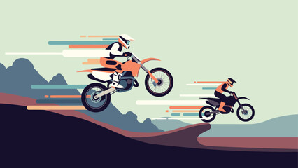 Obraz premium Dynamic off-road motorcycle jumping scene in minimalist flat design