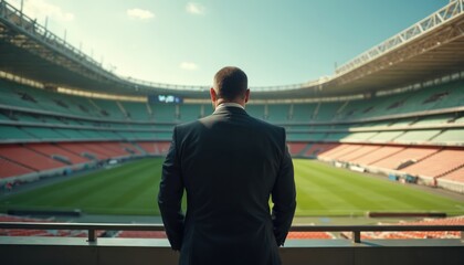 Man in suit stands on balcony overlooking empty sports stadium. Professional looks out at green field, ready for game. Back view, planning strategy.