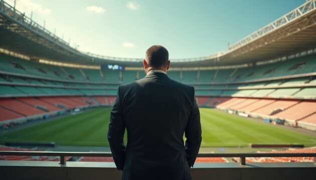 Man in suit stands on balcony overlooking empty sports stadium. Professional looks out at green field, ready for game. Back view, planning strategy.
