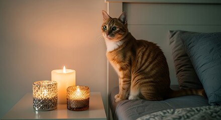 Cat Near Candle in Cozy Interior