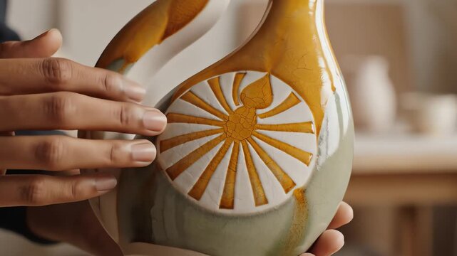 Artisan hands gently touching a handcrafted ceramic vase with unique patterns for bespoke craftsmanship concept and mindful art creation
