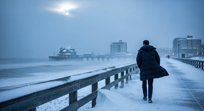 Lone man walking on a snowy wooden boardwalk during a winter storm. Cold weather landscape with misty ocean and pier. Rear view of person in down coat