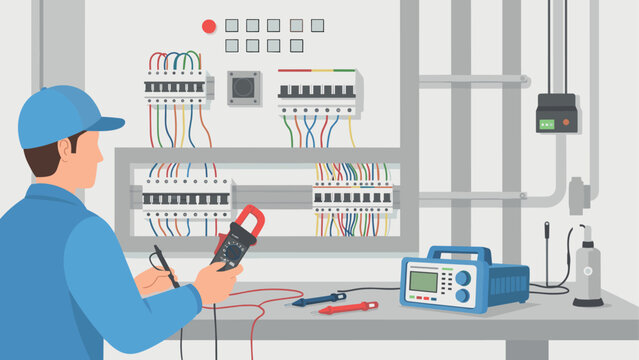 Electrician using multimeter for electrical panel maintenance in flat design