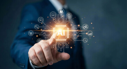 Artificial intelligence network concept with central AI chip and connected business ecosystem icons.