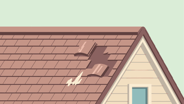 Damaged roof with missing shingles in flat design style