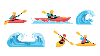 Colorful kayaking adventure with paddlers and ocean waves