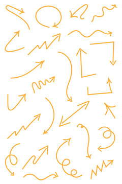 Yellow hand-drawn arrows vector set featuring curved, wavy, zigzag, and angular arrow designs. Perfect for infographics, business presentations, growth charts, and directional design elements