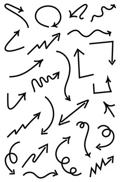 Black hand-drawn arrows vector set featuring curved, wavy, zigzag, and angular arrow designs. Perfect for infographics, business presentations, growth charts, and directional design elements