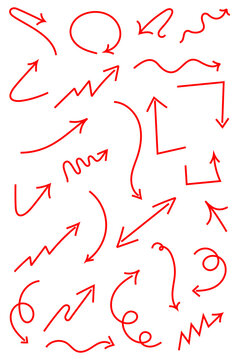 Red hand-drawn arrows vector set featuring curved, wavy, zigzag, and angular arrow designs. Perfect for infographics, business presentations, growth charts, and directional design elements