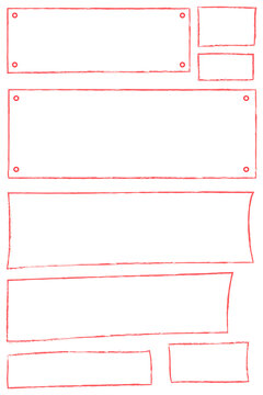 Hand-drawn red rectangular frames and borders with rough sketch texture. Collection of horizontal empty text boxes with grunge crayon style outlines for banners, labels, design elements, signage PNG