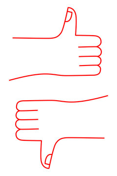 Red, minimal hand-drawn thumbs up and thumbs down outline icons, sketched in a simple doodle style. Perfect for feedback, rating systems, UI design, social media, apps, presentation, flowchart. PNG