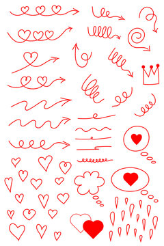 Hand-drawn red doodle elements including hearts, arrows, swirls, lines, speech bubbles, crowns, decorative accents. Sketch-style graphics perfect for Valentine&rsquo;s designs, love notes, journaling PNG