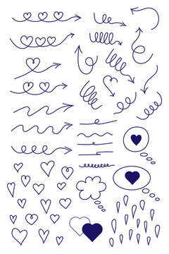 Hand-drawn navy doodle elements including hearts, arrows, swirls, lines, speech bubbles, crowns, decorative accents. Sketch-style graphics perfect for Valentine&rsquo;s designs, love notes, journaling PNG