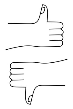 Black, minimal hand-drawn thumbs up and thumbs down outline icons, sketched in a simple doodle style. Perfect for feedback, rating systems, UI design, social media, apps, presentation, flowchart. PNG