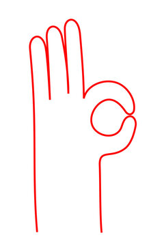 Okay hand gesture vector illustration with red outline. Minimalist line art design showing approval, agreement, and positive affirmation sign. Perfect for communication and gesture graphics. High-res 