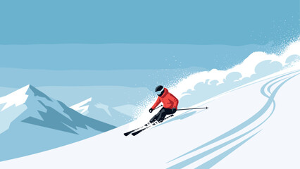 Obraz premium Dynamic downhill skiing adventure in flat design with snowy mountain landscape
