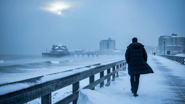Man walking on a snow-covered boardwalk during a winter storm. Rear view of a person in a long down coat strolling near a rough grey ocean. Cold freezing weather and blizzard concept