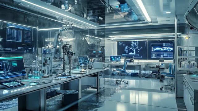 Futuristic Science Laboratory Interior with Advanced Digital Displays and Research Equipment