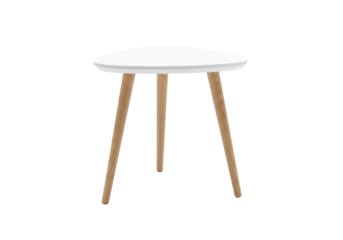 A contemporary scandinavian minimalist side table featuring a matte white rounded triangular tabletop and three tapered light wood legs, pristine studio product photography concept