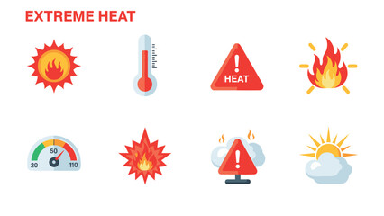 Extreme heat warning icons: sun, thermometer, fire, and safety signs