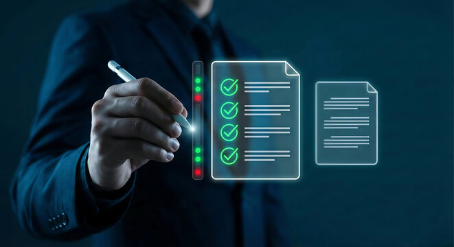 Quality control and business compliance checklist concept with digital document status monitoring.