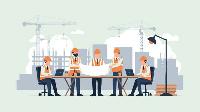 Team of engineers collaborating on construction project blueprint
