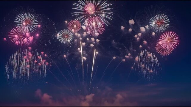 Vibrant fireworks explode in the night sky, creating a dazzling spectacle of color and light
