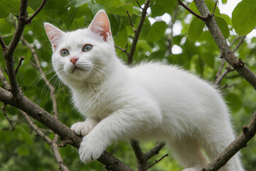 A white kitten on the branches of a pear meows asking for help. A pet on a tree branch. Beautiful white domestic kitten. 3d rendering.