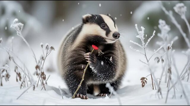 A badger stands in a snowy forest, holding a red flower in its mouth, surrounded by snow-covered plants.