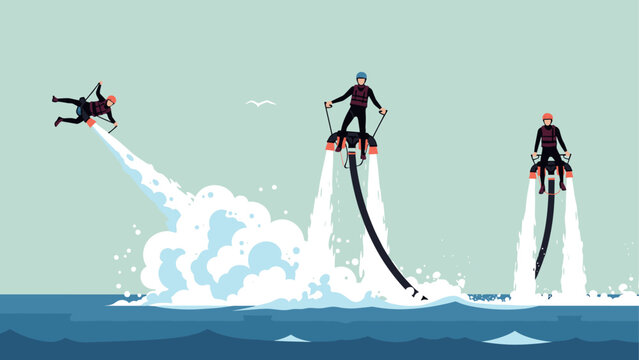 Exciting water adventure with flyboards and jets on the ocean